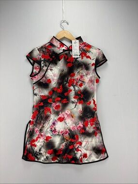 ASILK Red Floral Satin Cheongsam Top with Black Trim